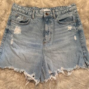 Zara Light Blue Ripped Denim Shorts